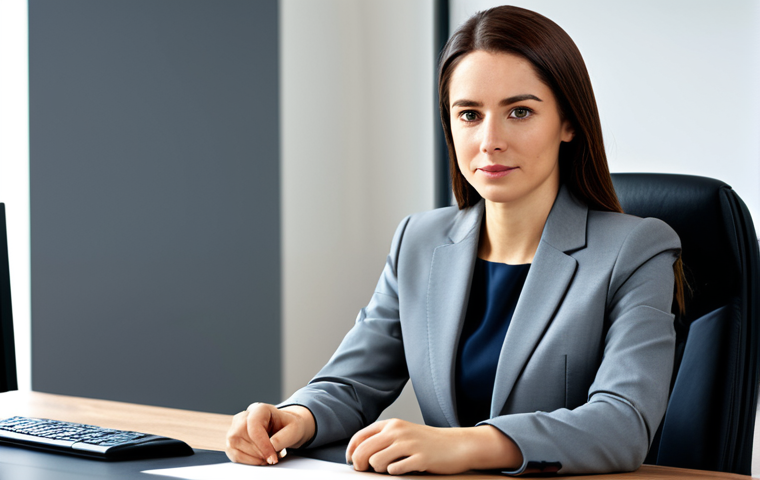 ** A professional businesswoman in a modest business suit, sitting at a desk in a modern office, fully clothed, appropriate attire, safe for work, perfect anatomy, natural proportions, professional photography, high quality. **