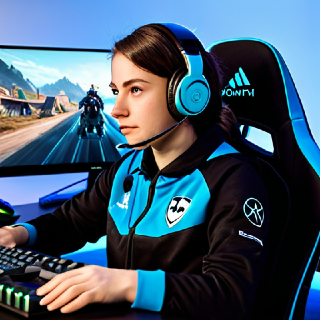 엘소드 크리에이터 추천 공략법 - **Subject:** A professional female gamer, fully clothed in modest esports team attire. **Environ...