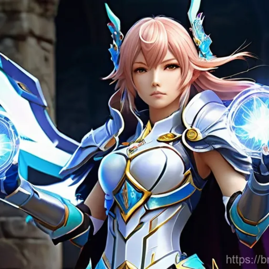 엘소드 정령석 제작 및 강화 - **A powerful Elsword character, such as Elesis, in her full, intricate battle armor, stands triumpha...
