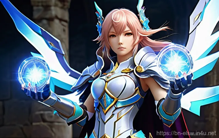 엘소드 정령석 제작 및 강화 - **A powerful Elsword character, such as Elesis, in her full, intricate battle armor, stands triumpha...
