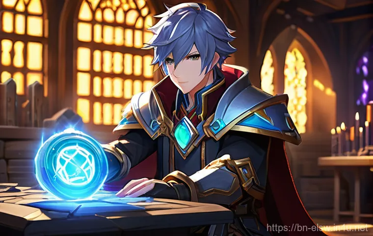 엘소드 정령석 제작 및 강화 - **A powerful Elsword character, such as Elesis, in her full, intricate battle armor, stands triumpha...
