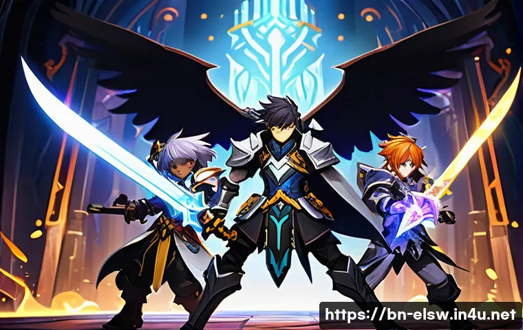 엘소드 필수 재화 수집법 - **Prompt:** A group of diverse Elsword characters, including an Elsword knight, an Aisha magician, a...