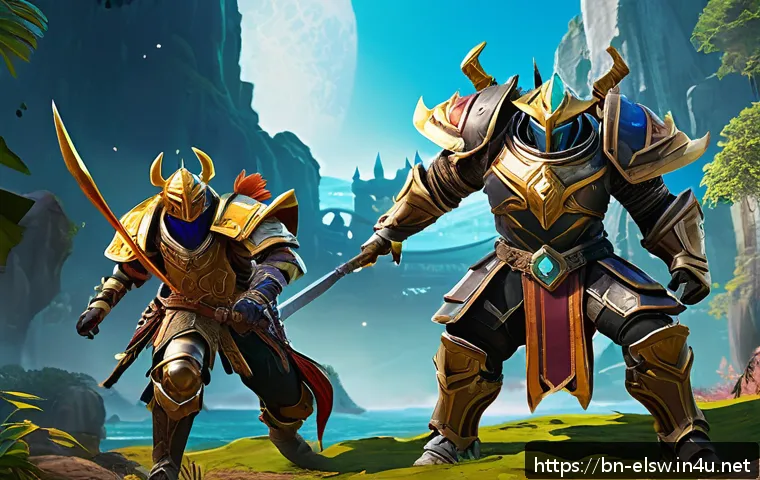 엘소드 상위 유저 인터뷰 - A dynamic gaming scene showcasing a team of diverse characters in stylish, detailed fantasy armor co...