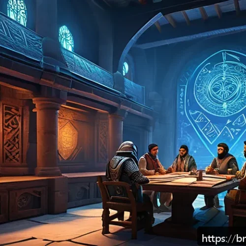 엘소드 길드 시스템 활용법 - A vibrant and dynamic guild meeting scene inside a fantasy game setting, featuring diverse Bengali c...
