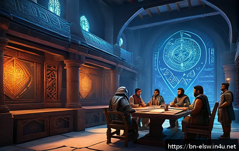 엘소드 길드 시스템 활용법 - A vibrant and dynamic guild meeting scene inside a fantasy game setting, featuring diverse Bengali c...