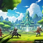 엘소드 아이템 드랍률 분석 - A detailed fantasy game scene illustrating targeted farming in El Sword (Elsword) with players strat...
