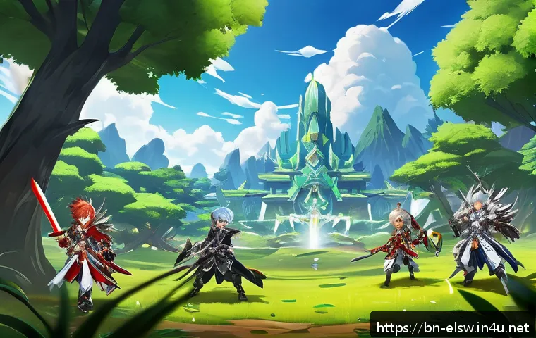 엘소드 아이템 드랍률 분석 - A detailed fantasy game scene illustrating targeted farming in El Sword (Elsword) with players strat...
