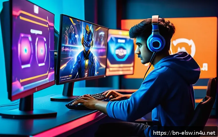 엘소드 신규 유저 가이드 - A dynamic scene of a skilled gamer practicing advanced combo moves in a vibrant esports training roo...
