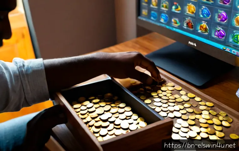 Home 17 엘소드 초심자를 위한 경제 가이드 - Photorealistic young adult gamer at a clean home desk, carefully sorting colorful fantasy-game-inspi...
